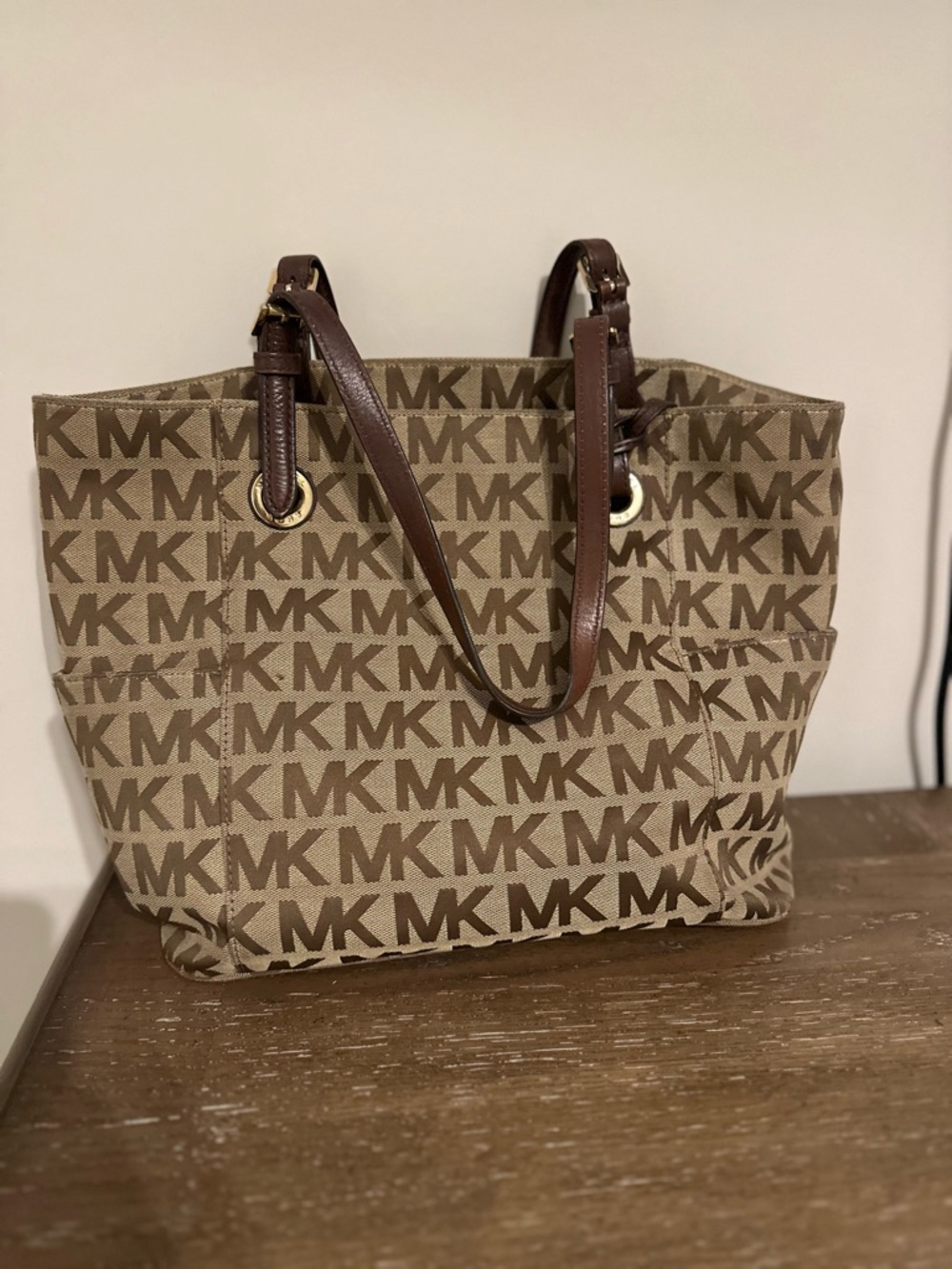 Michael Kors Tan and Brown MK Signature Tote